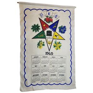 Vtg 1969 Order of the Eastern Star OES Year Calendar Linen Tea Towel Art